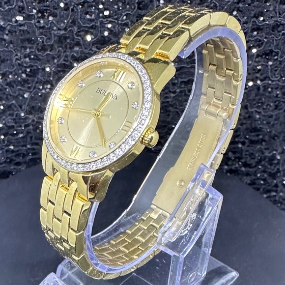 Women's (NWOT) Gold Bulova Watch with Crystal Bezel, Gold Face, and Diamonds - Picture 2 of 3